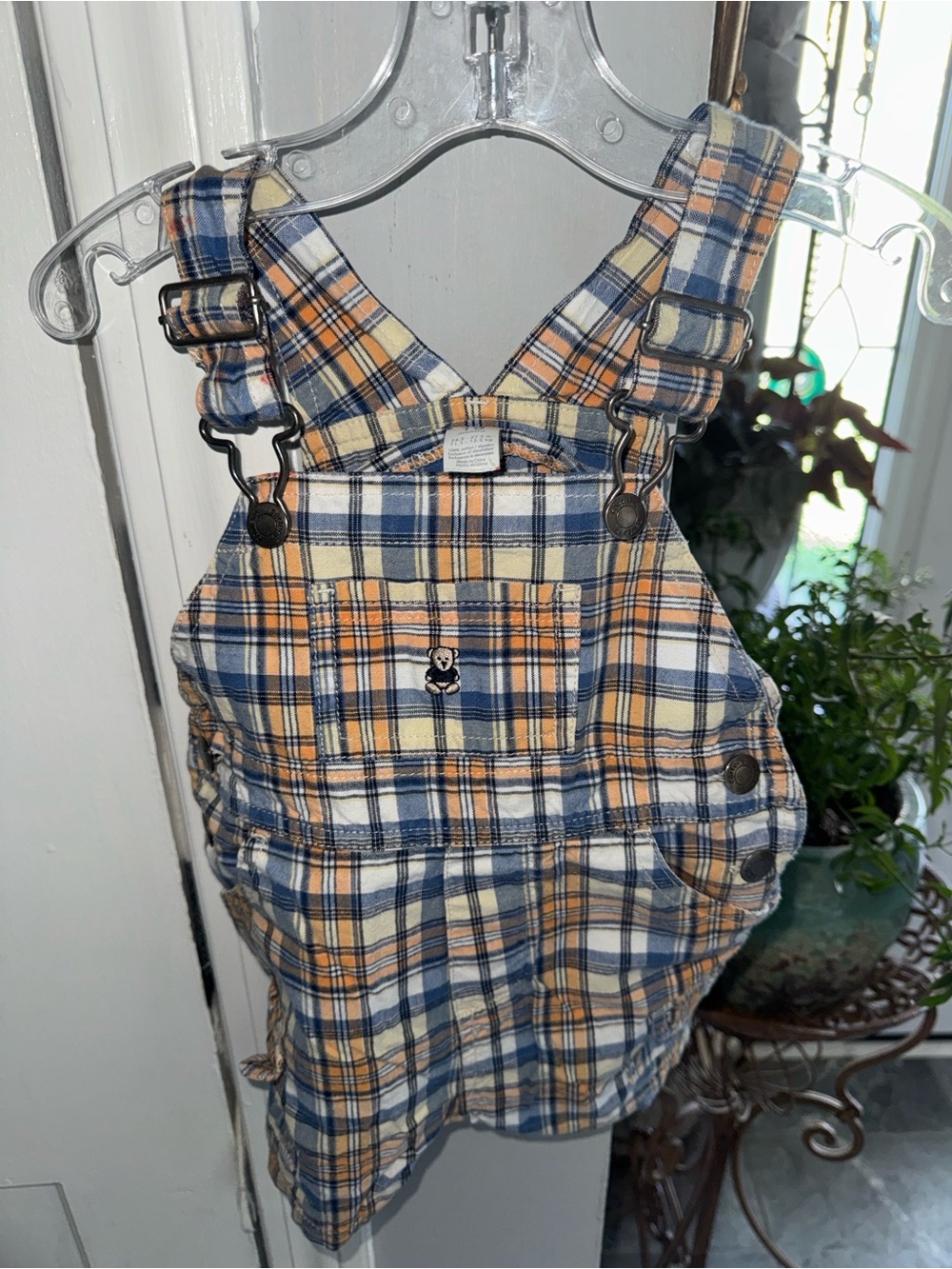 Carter's Blue and Orange Plaid overall shorts with bear emblem 18 M